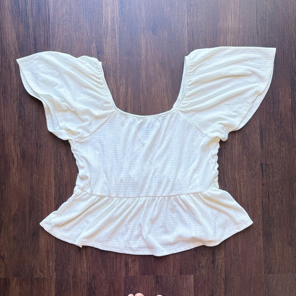 Boho Cottagecore Cream Peplum Top V Neck Flutter Sleeve V Neck Coastal Cowgirl